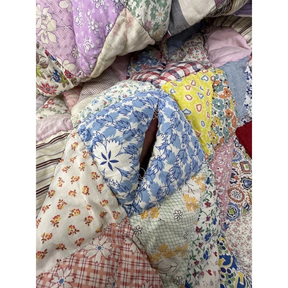 Vintage Handmade Patchwork Quilt Floral Feedsack Style Diamond Scrap Pastel - Picture 7 of 11
